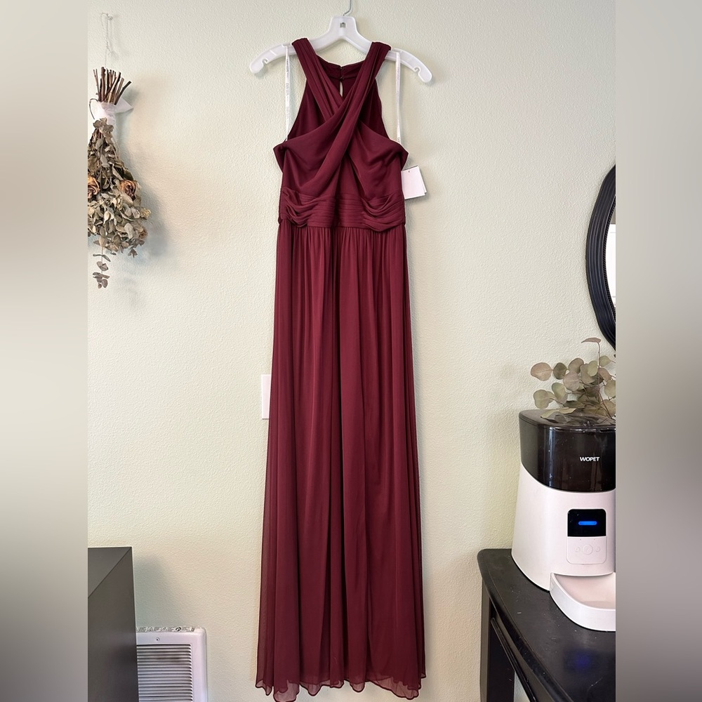 David’s Bridal Crisscross High-Neck Mesh Bridesmaid Dress (Wine)